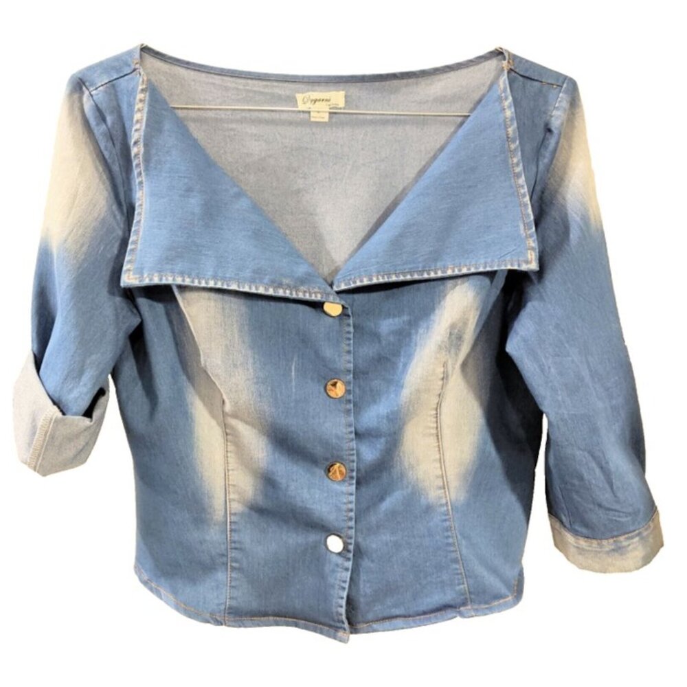 Blue Distressed Top Dygarni California Sz L Wide Collar 3.4 Length Tabbed Sleeve